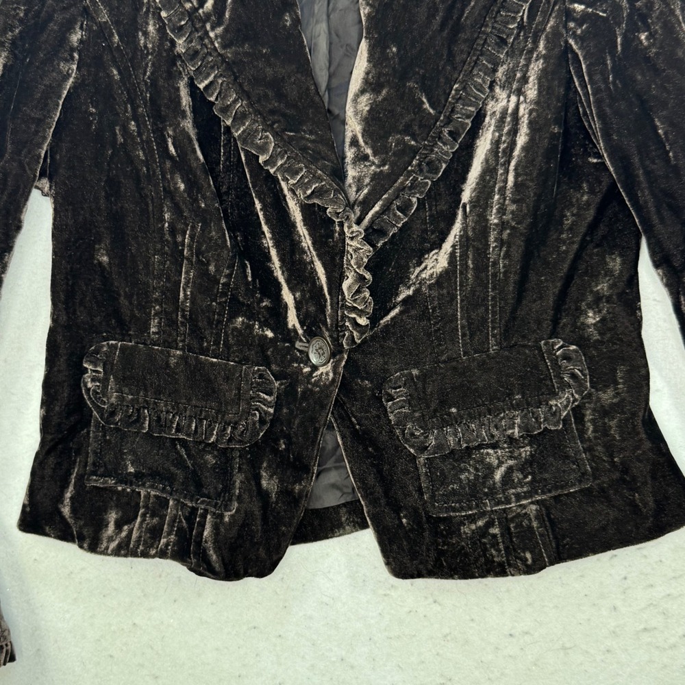 INC Velvet Blazer Womens Medium Brown Ruffle Trim Victorian Goth Jacket - Picture 10 of 13